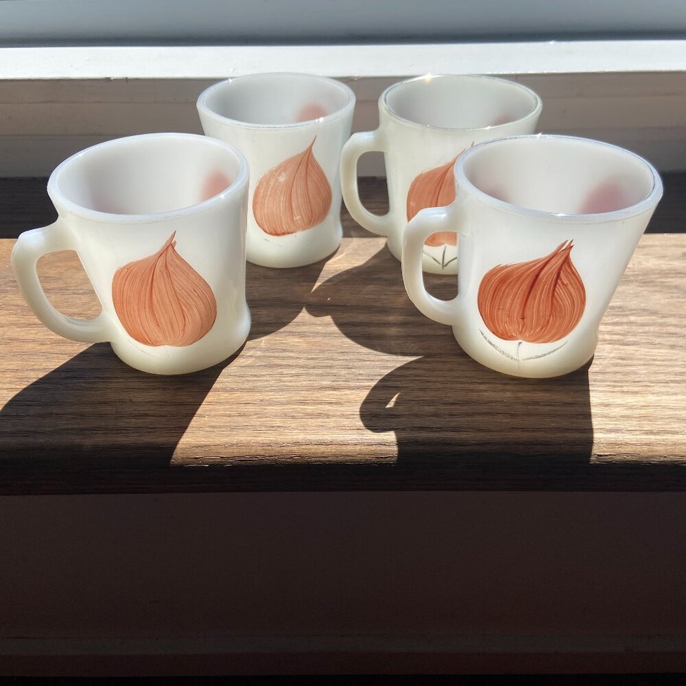 Vintage Fire King Anchor Hocking Brown Leaf Hand Painted Coffee Mugs Milk Glass